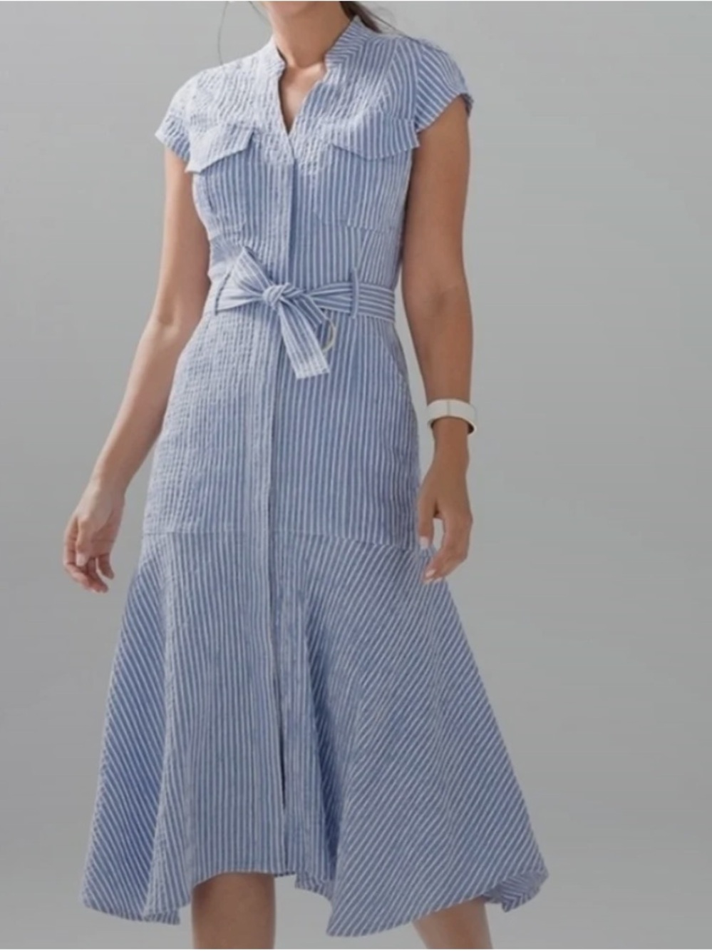 NWT White House Black Market Blue Stripe Belted Midi Dress Size 8